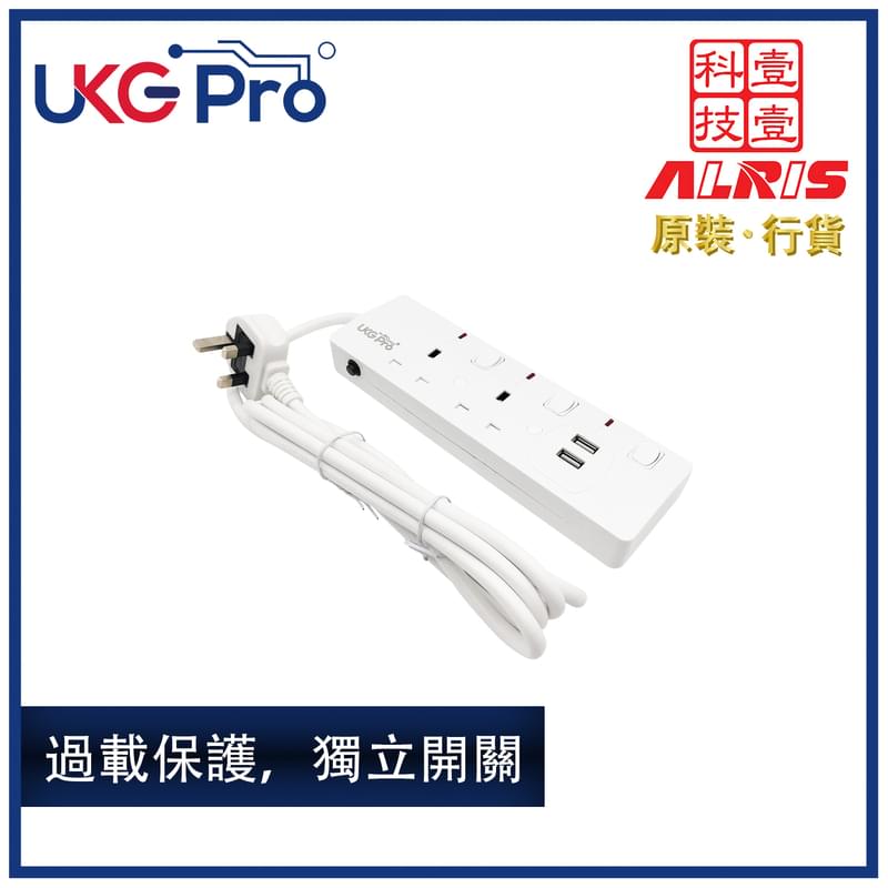 2x13A+2xUSB Overcurrent Protected NEON SWITCHED 2M Cable Power Strip, Trailing Socket (UPS-132S2U2)