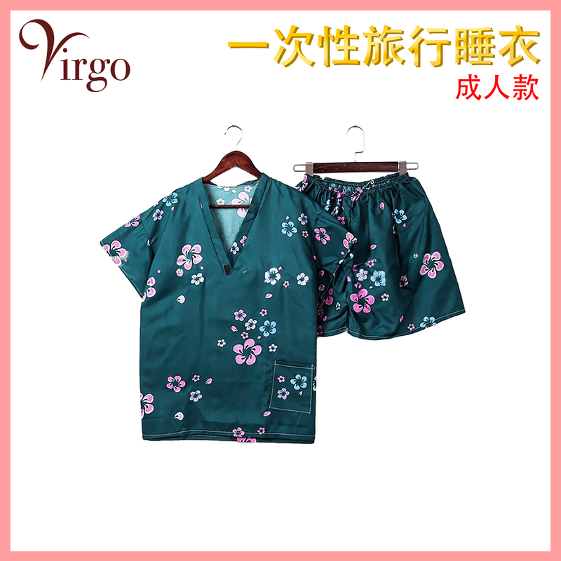 No. 07 (dark green peach blossom pattern) adult disposable pajamas set Short Sleeve Travel clothes VHOME-PJM-007