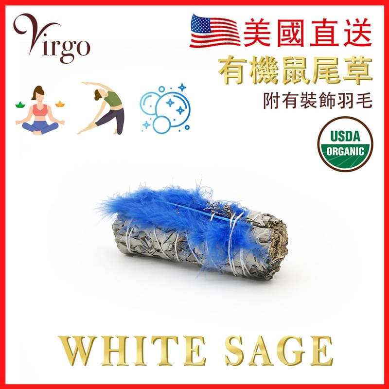 藍色羽毛10CM約30克美國加州純白鼠尾草 White Sage天然白鼠尾草煙薰淨化棒 薰草負能量淨化燃燒棒 印第安傳統古法淨化植物Salvia Apiana V-SMUDGE-10CM-BLUE