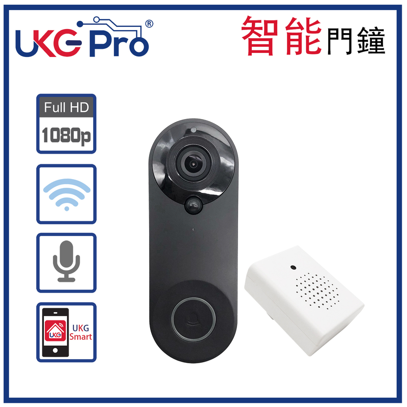 黑色智能超廣角WiFi防盜門鐘1080p附送室內無線USB門鈴套裝，智能可視門鐘視像門鈴電子貓眼監控大門PIR紅外線感應偵測自動抓拍拍攝遠程監控夜視攝像頭鏡頭雙向對話鋰電池(USC-W3-BK)