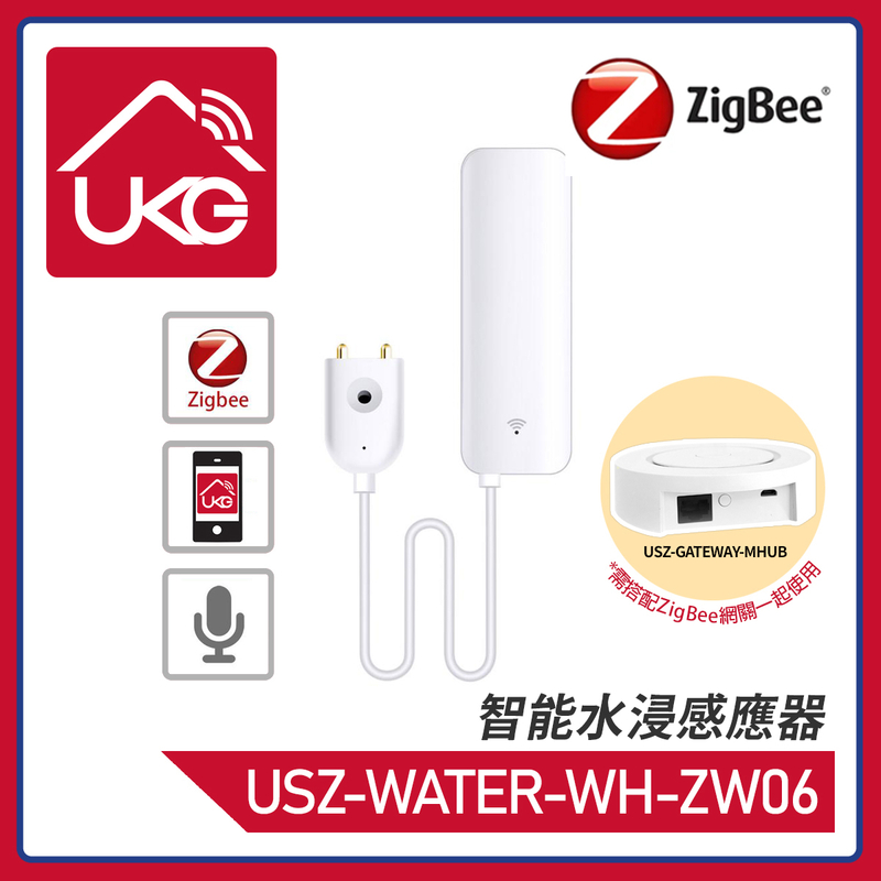 智能ZigBee水浸感應探測器，傳感器 漏水報警 ZigBee智能 安防遙控手機 APP遠程監控 水滿溢水探測 嚮警報 廚房浴室廁所花園泳池機房基站泵房去水喉洗手間 (USZ-WATER-WH-ZW06)