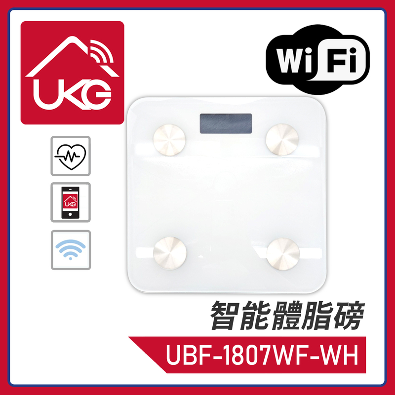 白色WiFi智能體脂磅，智能家用電子秤BMI磅體重秤多功能測量秤體脂秤健康體脂儀人體磅精確電子體重磅人體秤成人秤愛美人仕潮人智能體脂磅測量體質減肥伴侶健康良伴鋼化玻璃磅(UBF-1807WF-WH)