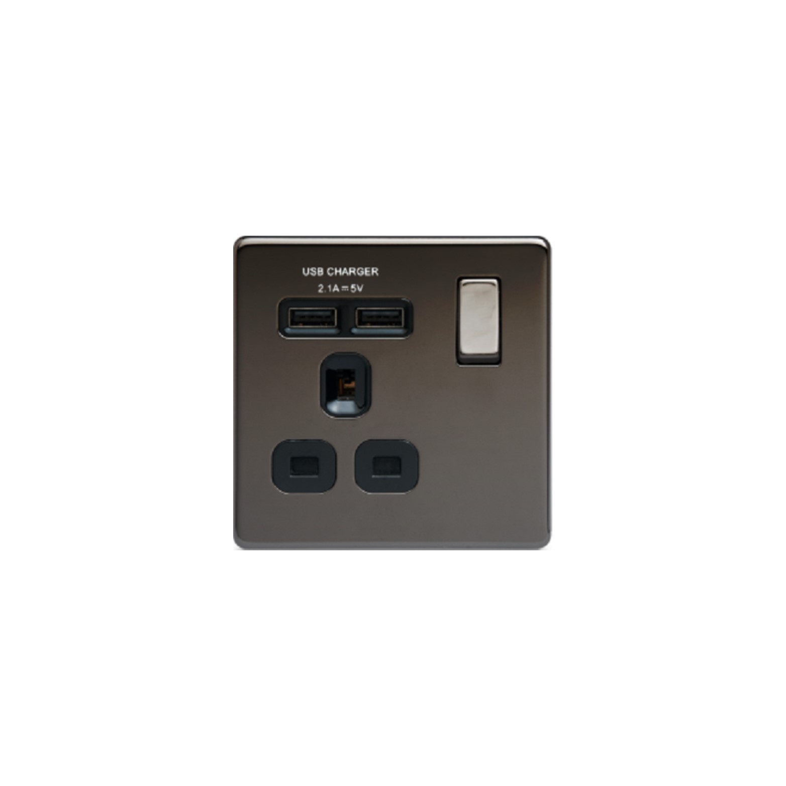 Flatplate Black Nickel 2USB 2.1A 1-Gang 13A Switched Wall Socket Black Insert, USB Charger(FBN21U2B)