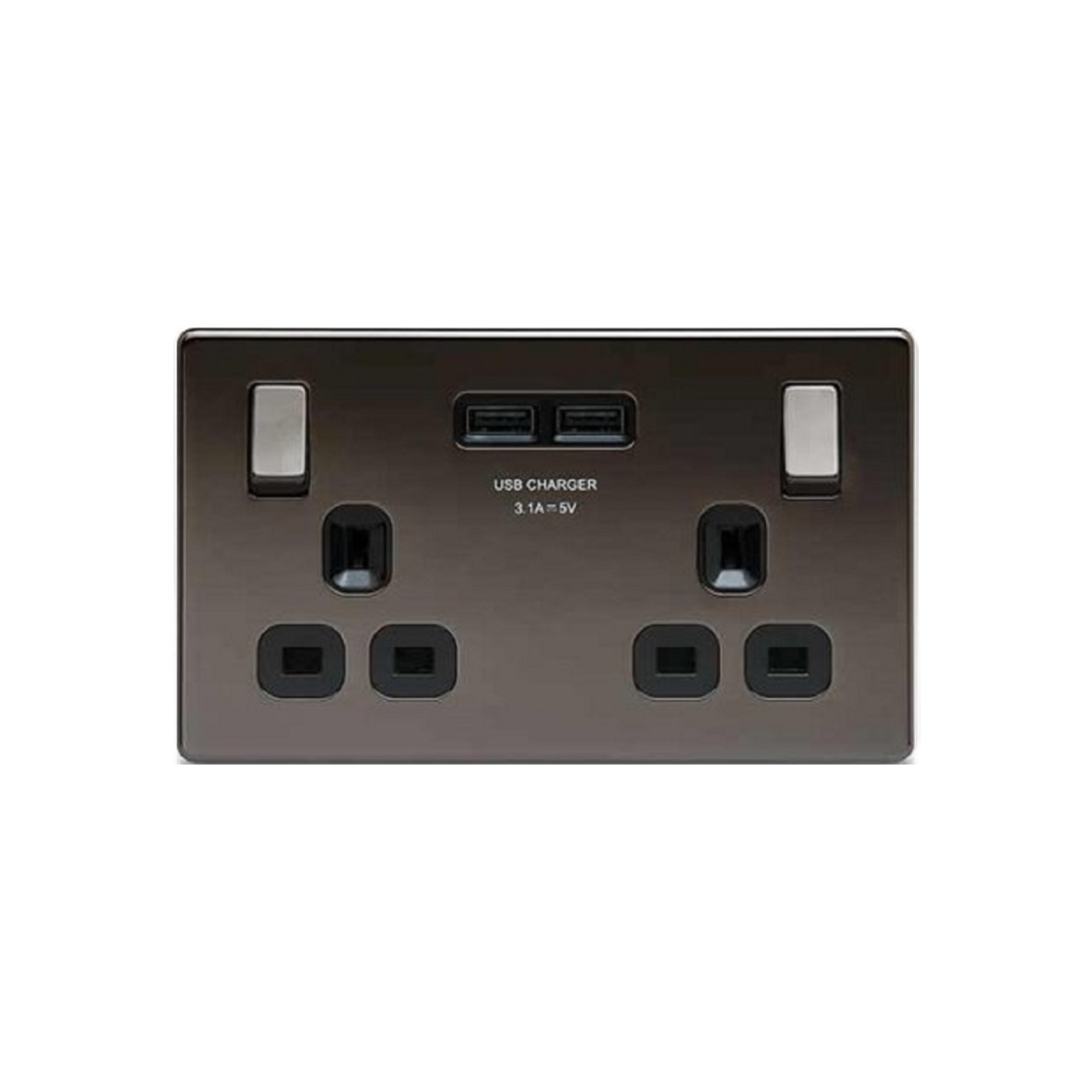 插座 平鋼黑鎳2USB 3.1A插座 黑鎳雙位插座 電源插座 蘇底 掣面 蘇制面板 入牆開關插座面板 USB充電叉電插座 13A英式插座 86型港式插座 機電署認可插座推薦 英國名牌 FBN22U3B