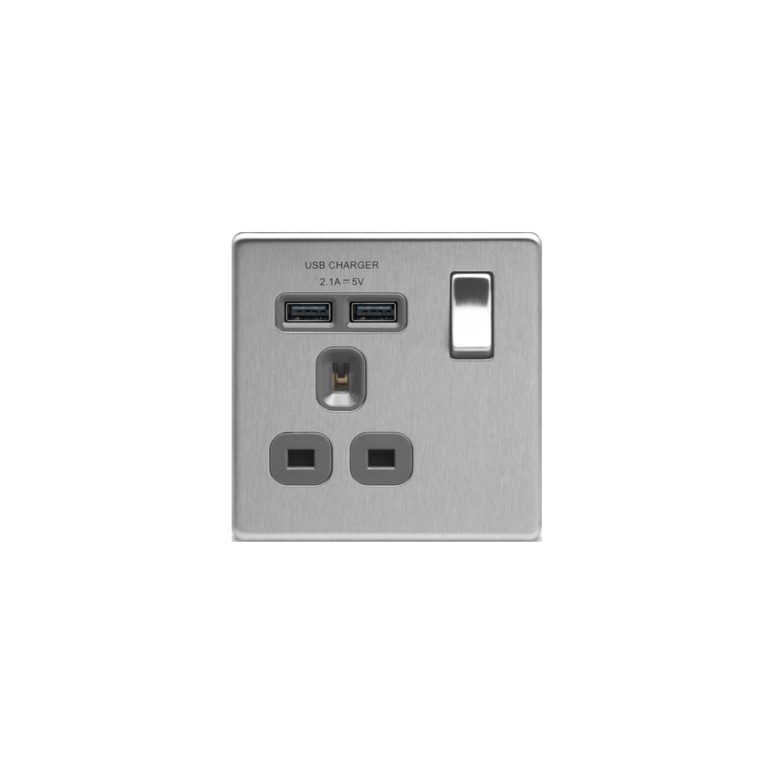 Flatplate Brushed Steel 2USB 2.1A 1-Gang 13A Switched Wall Socket Grey Insert, USB Charger(FBS21U2G)