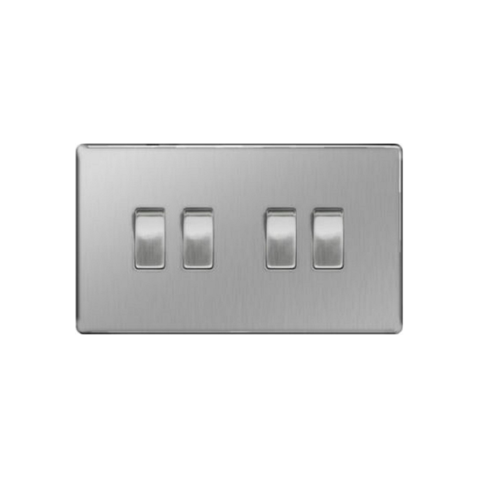 Flatplate Brushed Steel 4-Gang 2Way 10AX Switch, four screwless clip-on front plate curved corners (FBS44)