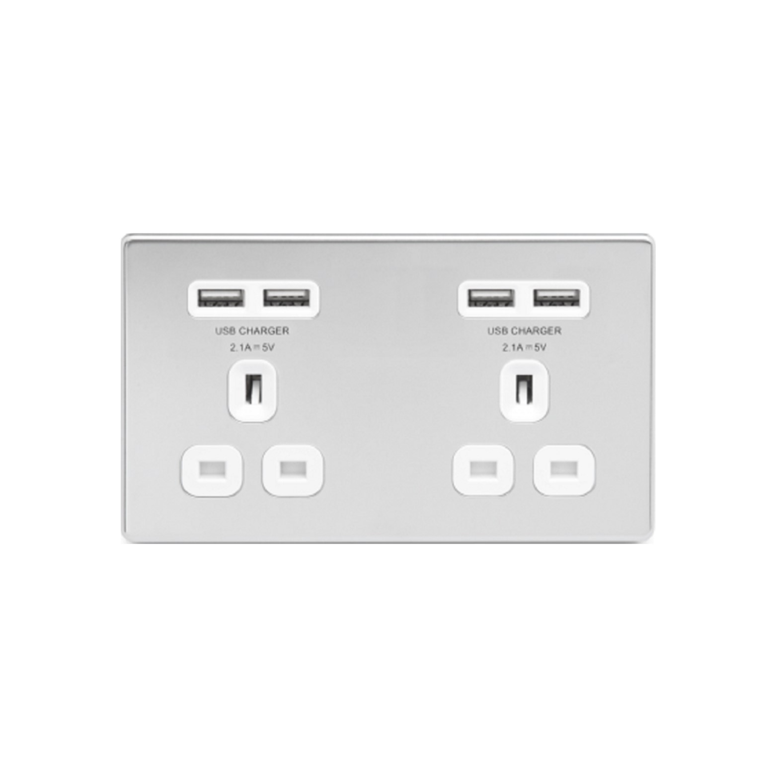 Flatplate Polished Chrome 4USB 4.2A 2-Gang 13A Wall USB Socket, USB Charger 86 type BS/UK(FPC24U44W)