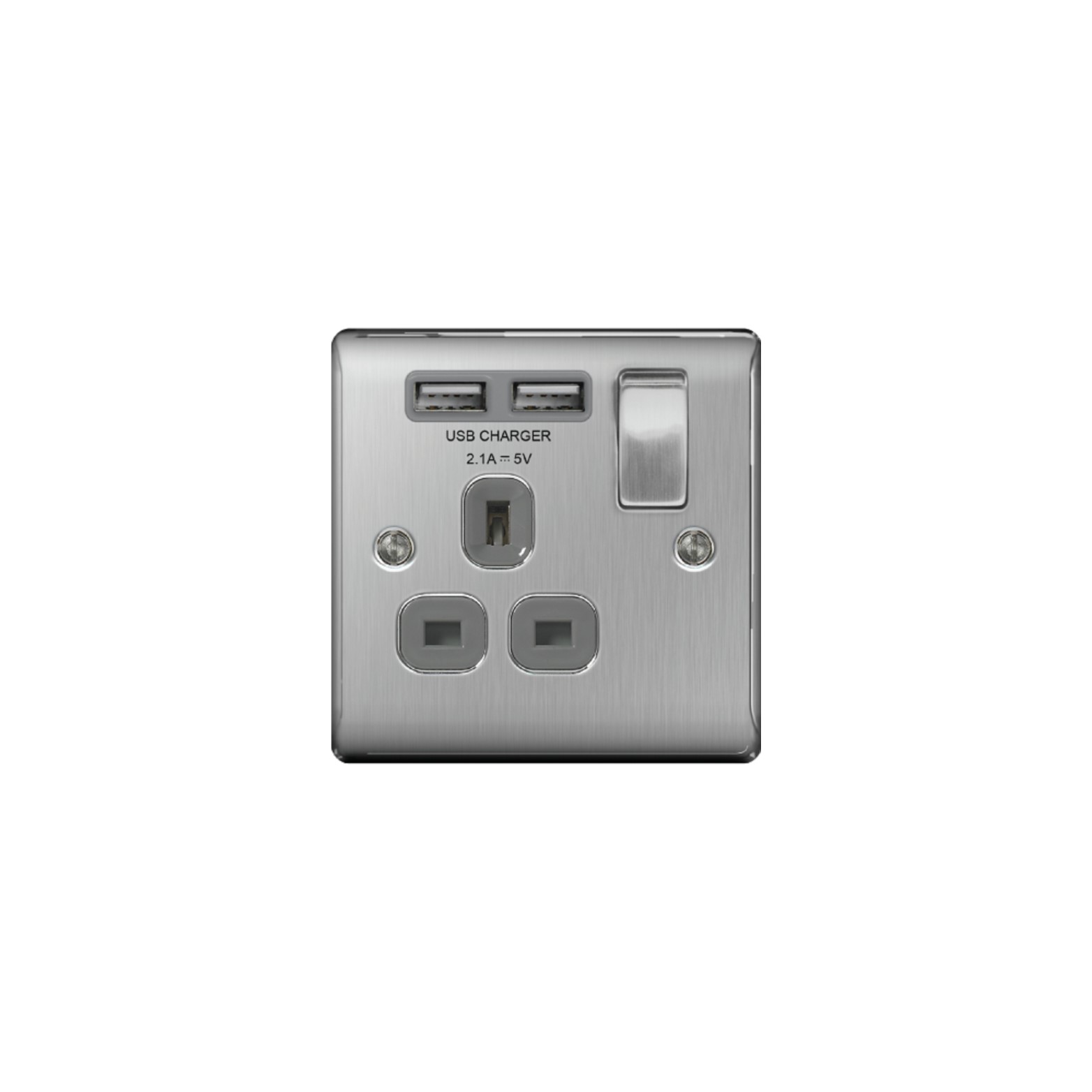 Nexus Brushed Steel 2USB 2.1A 1-Gang 13A Switched Wall Socket Grey Insert, USB Charger(NBS21U2G)