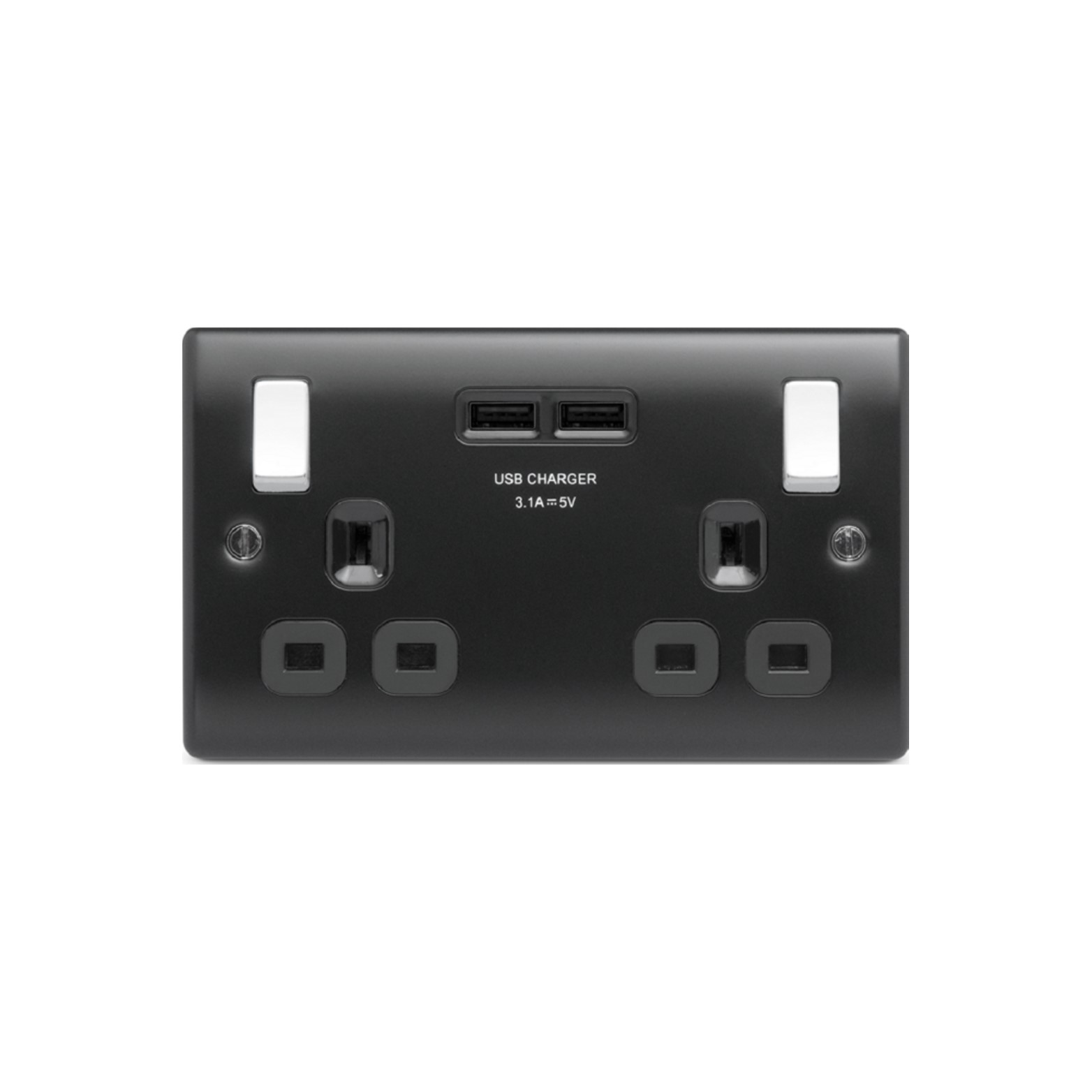 插座 2USB 3.1A雙位插座 弧鋼雅黑 經典金屬見螺絲 USB獨立開關電源插座 蘇制面板 入牆開關插座面板 USB充電叉電插座 13A英式插座 86型港式插座 機電署認可 NMB22U3B