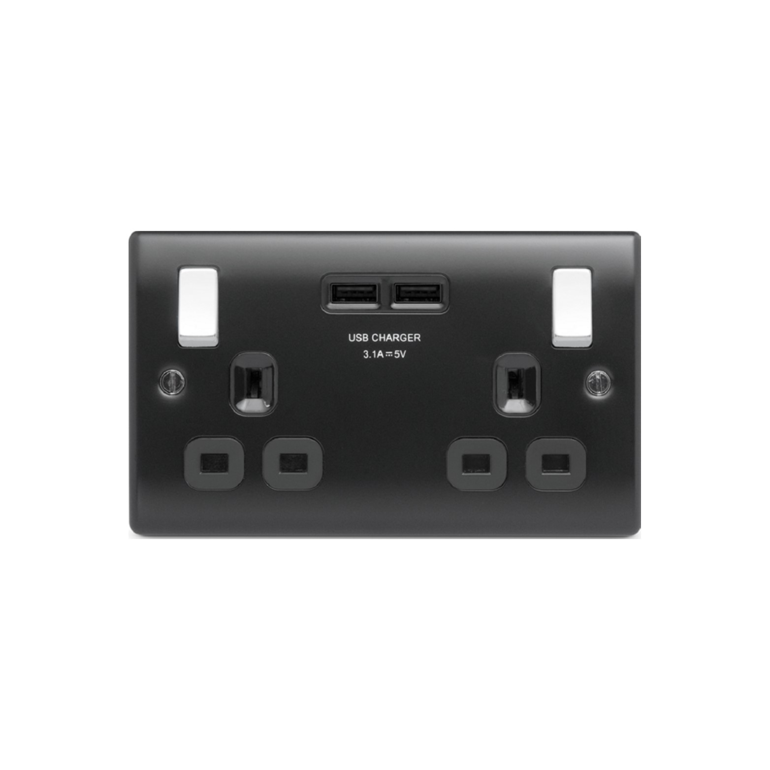 Nexus Matt Black 2USB 3.1A 2-Gang 13A Switched Wall Socket Black Insert, USB Charger(NMB22U3B)