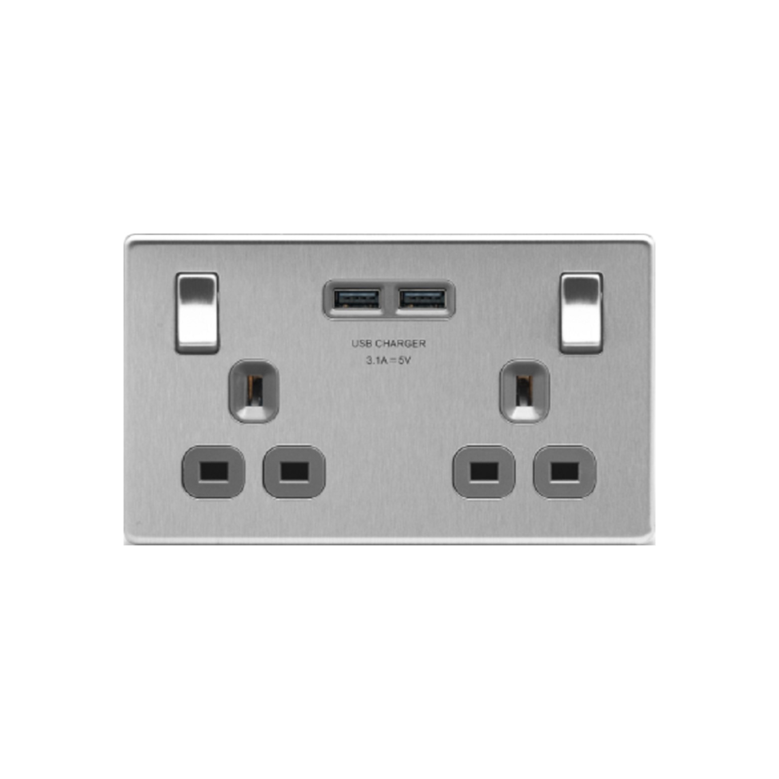 Flatplate Brushed Steel 2USB 3.1A 2-Gang 13A Switched Wall Socket Grey Insert, USB Charger(FBS22U3G)