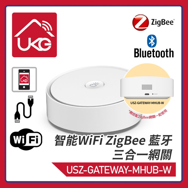 WiFi上網智能ZigBee+藍牙多模聲光報警語音提示安防門鈴網關 智能三合一連接ZigBee或藍牙設備集線器兼備門鈴和鬧鐘LED指示燈調節及安防SAAS警報器 USZ-GATEWAY-MHUB-W