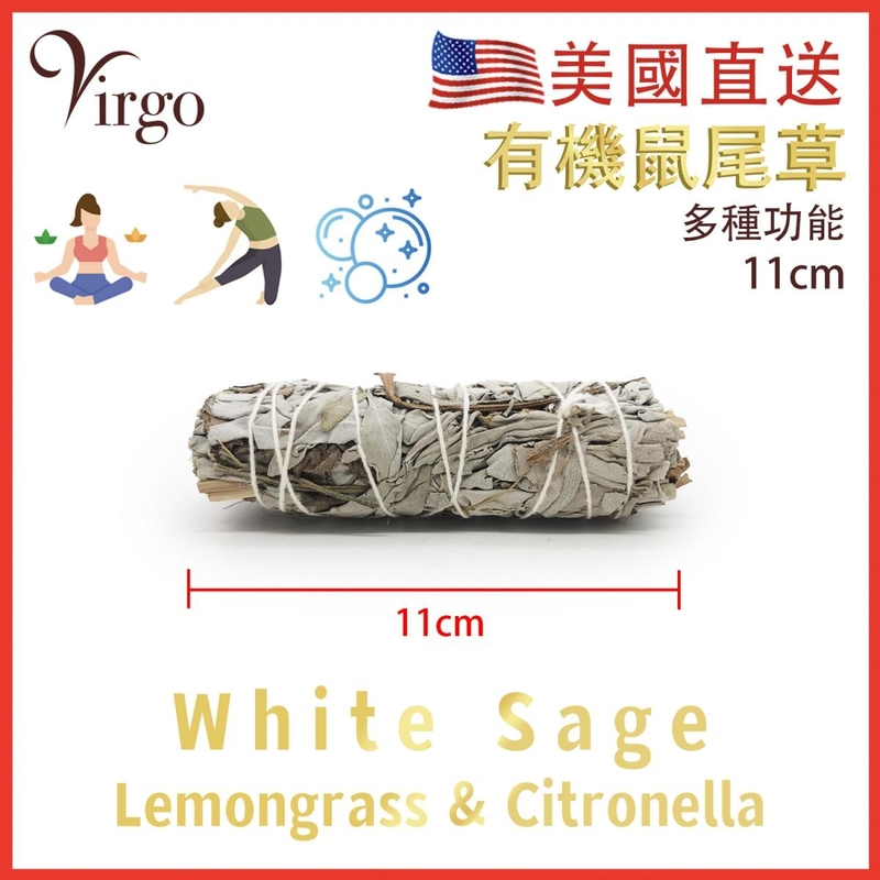 美國有機檸檬香茅鼠尾草11CM約20克 White Sage天然白鼠尾草煙薰淨化棒 薰草負能量淨化燃燒棒 印第安傳統古法淨化植物Salvia Apiana V-SMUDGE-11CM-WSLGCN