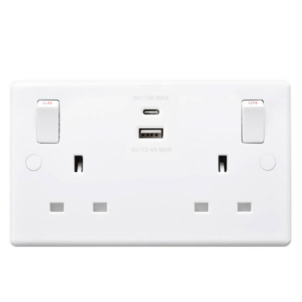 白色圓角2USB 4.2A雙位USB-AC牆壁插座充電器，1xUSB-A (2.4A)+1xUSB-C (3A)共享4.2A，經典懷舊膠面蘇底USB獨立開關電源插座蘇底掣面蘇制面板入牆開關插座面板智能USB AC充電叉電插座(822UAC)