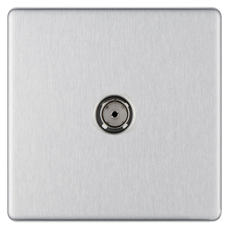 Flatplate Brushed Steel Co-Axial TV Socket, single screwless clip-on front plate curved corners(FBS60)