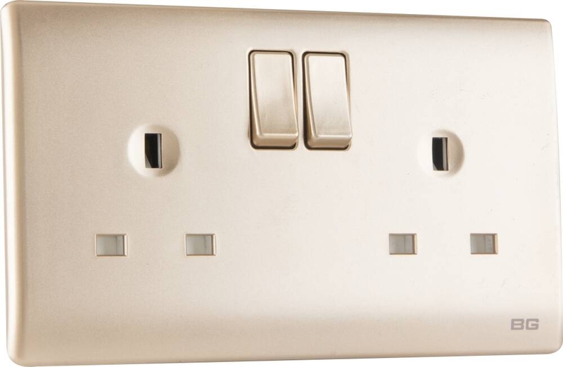 Champagne SlimLine 2-Gang 13A Switched Socket Outlet, 86 type wall socket BS/UK EMSD(PCCH22)