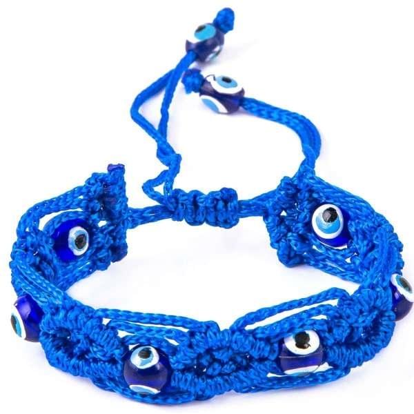 BLUE Turkish Evil Eye  hand knitting macrame bracelet, adjustable (VTR-BRACELET-KNIT-BLUE)