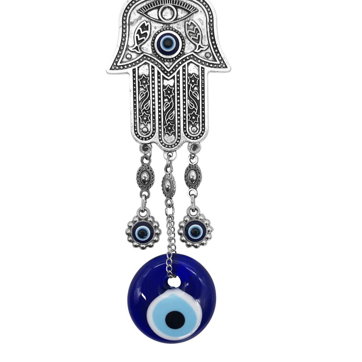 法蒂瑪之手惡魔之眼掛牆吊飾，土耳其HAMSA Evil Eye 邪眼 藍眼圖騰 邪惡的眼睛 魔眼 藍白相間 圓形眼晴 僻邪檔煞擋小人 藍紅綠 水晶寶石 銀飾(VTR-WALL-HAND-0929)