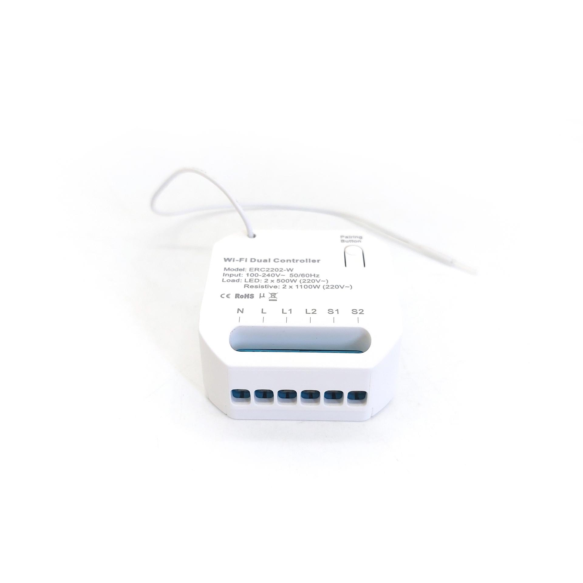 KinSwitch 2-路智能RF+WiFi+傳統有線開關控制器，隐藏式定时控制模组三合一同時支持配對RF433開關+WiFi上網APP操控+連接傳統開關通斷器底箱燈罩天花(U-ERC2202-W)